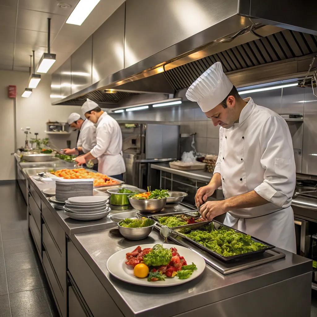 Professional kitchen with chefs preparing gourmet meals