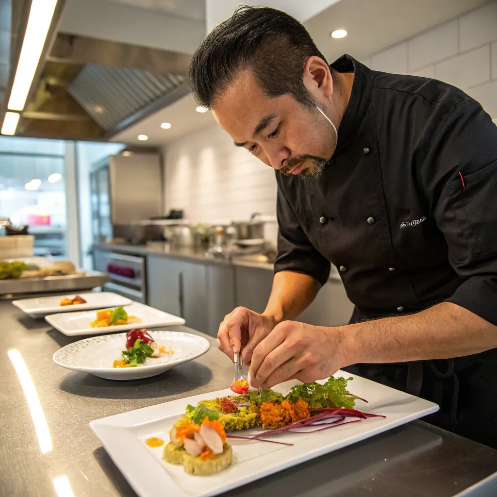 Chef Daniel artfully plating an Asian fusion dish in a contemporary kitchen.