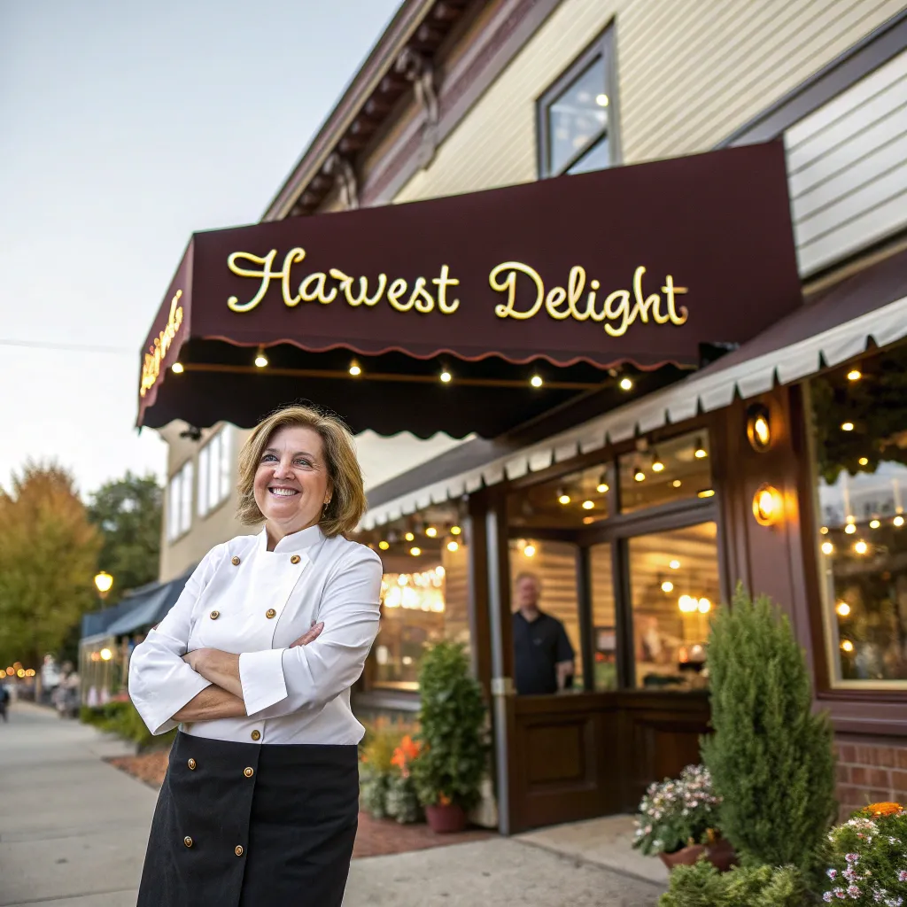 Susan standing proudly in front of her restaurant, Harvest Delight.